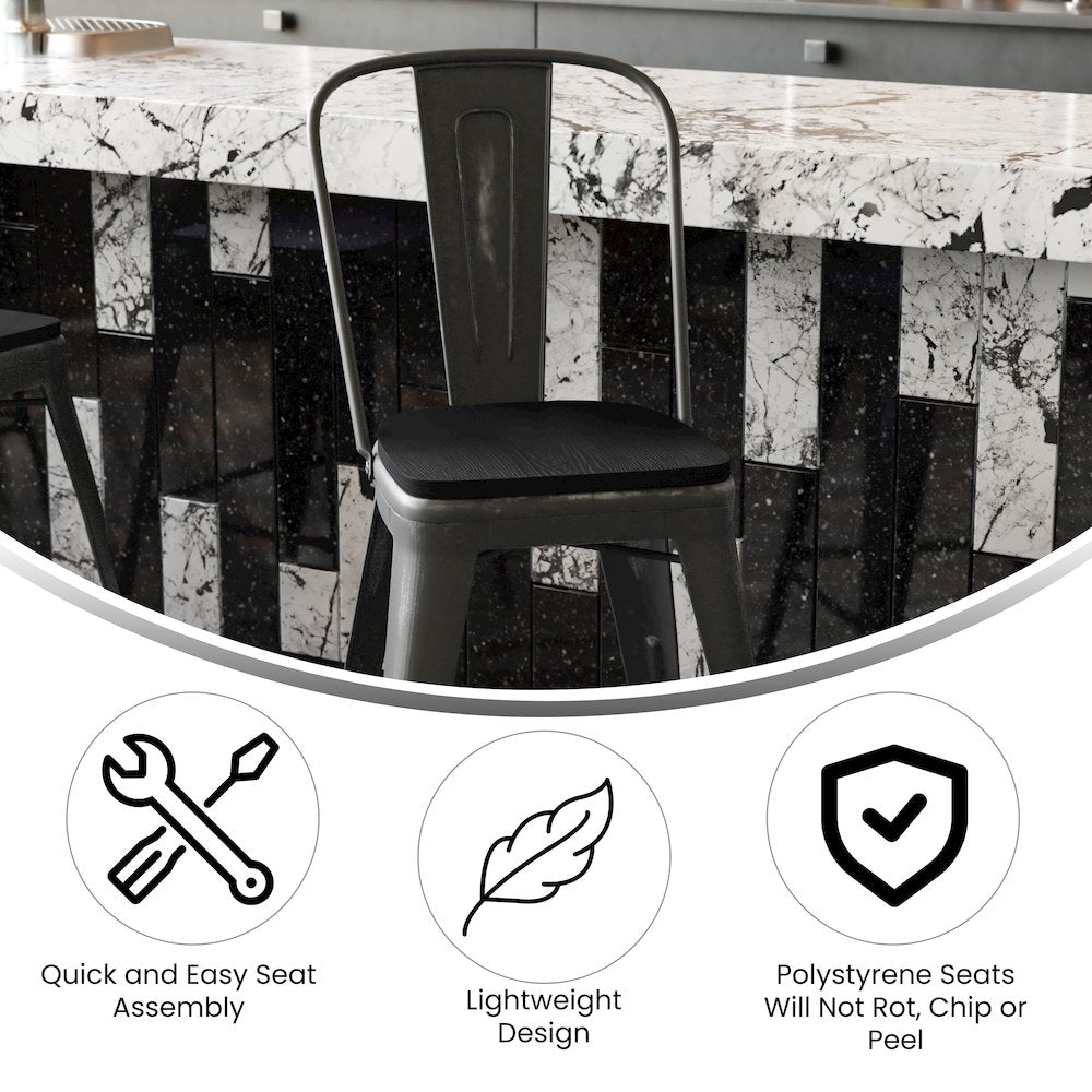 24" High Black Metal Indoor-Counter Height Stool with Black Poly Resin Wood Seat