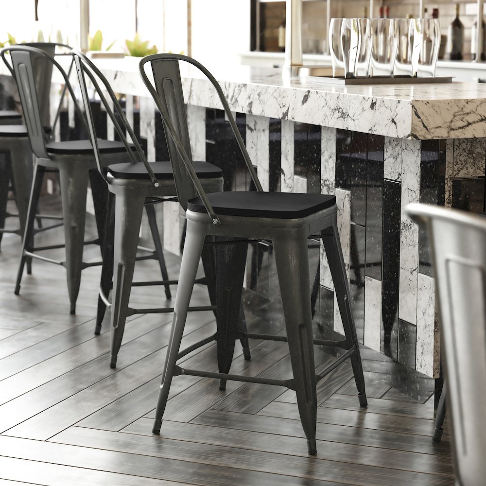 24" High Black Metal Indoor-Counter Height Stool with Black Poly Resin Wood Seat