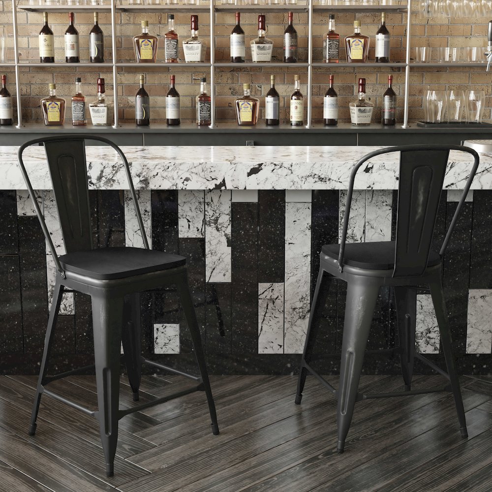 24" High Black Metal Indoor-Counter Height Stool with Black Poly Resin Wood Seat