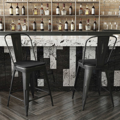 24" High Black Metal Indoor-Counter Height Stool with Black Poly Resin Wood Seat