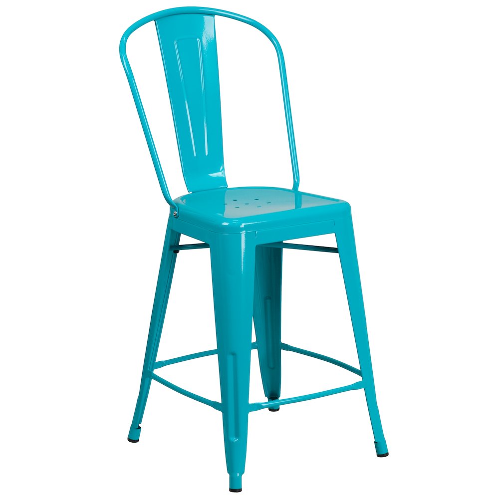 24" High Crystal Teal-Blue Metal Indoor-Outdoor Counter Height Stool with Back