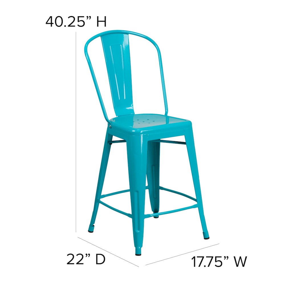 24" High Crystal Teal-Blue Metal Indoor-Outdoor Counter Height Stool with Back