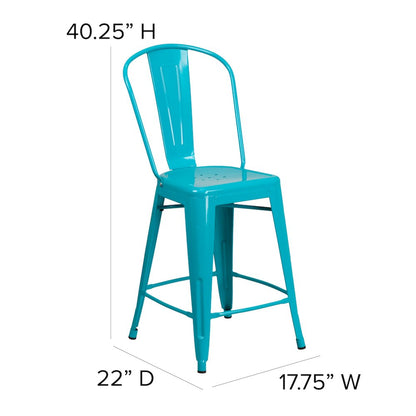 24" High Crystal Teal-Blue Metal Indoor-Outdoor Counter Height Stool with Back