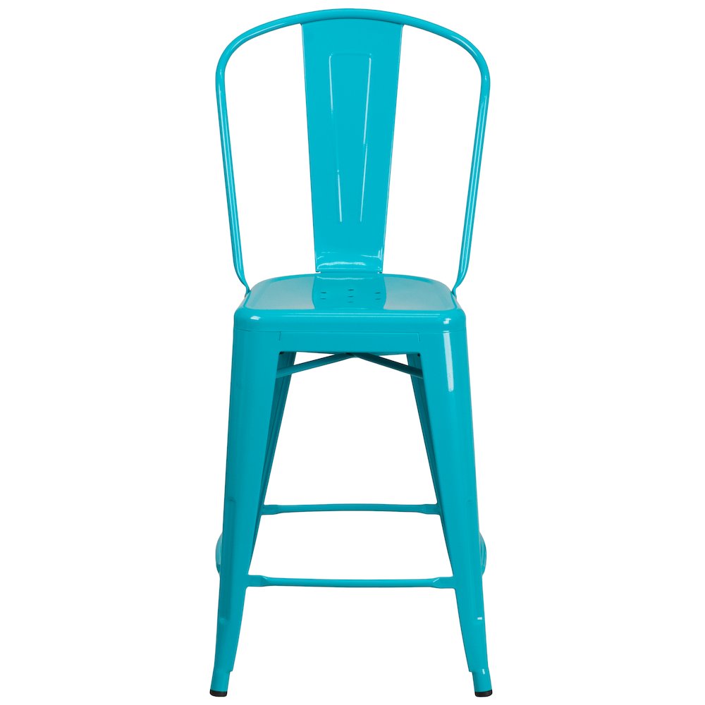 24" High Crystal Teal-Blue Metal Indoor-Outdoor Counter Height Stool with Back
