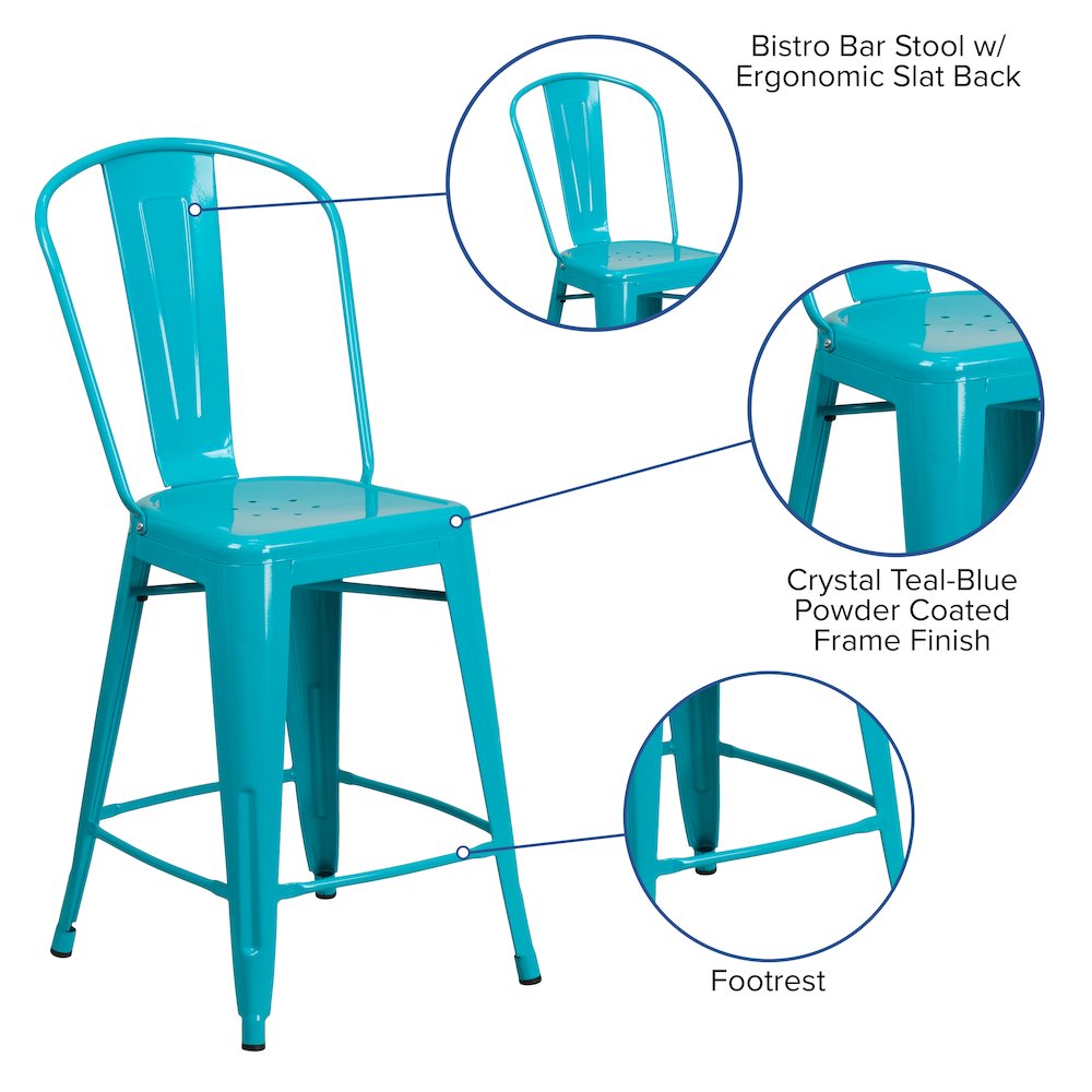 24" High Crystal Teal-Blue Metal Indoor-Outdoor Counter Height Stool with Back