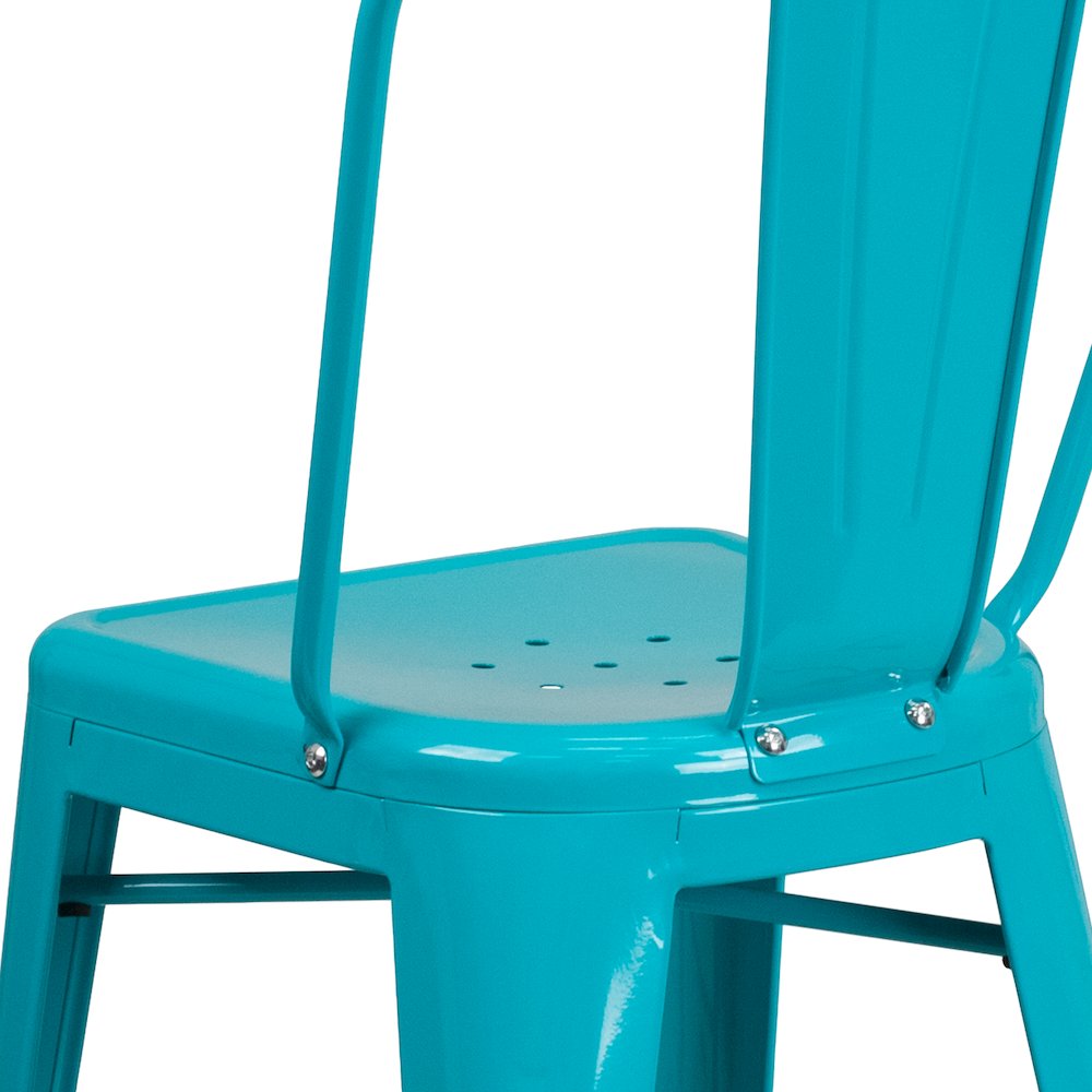 24" High Crystal Teal-Blue Metal Indoor-Outdoor Counter Height Stool with Back