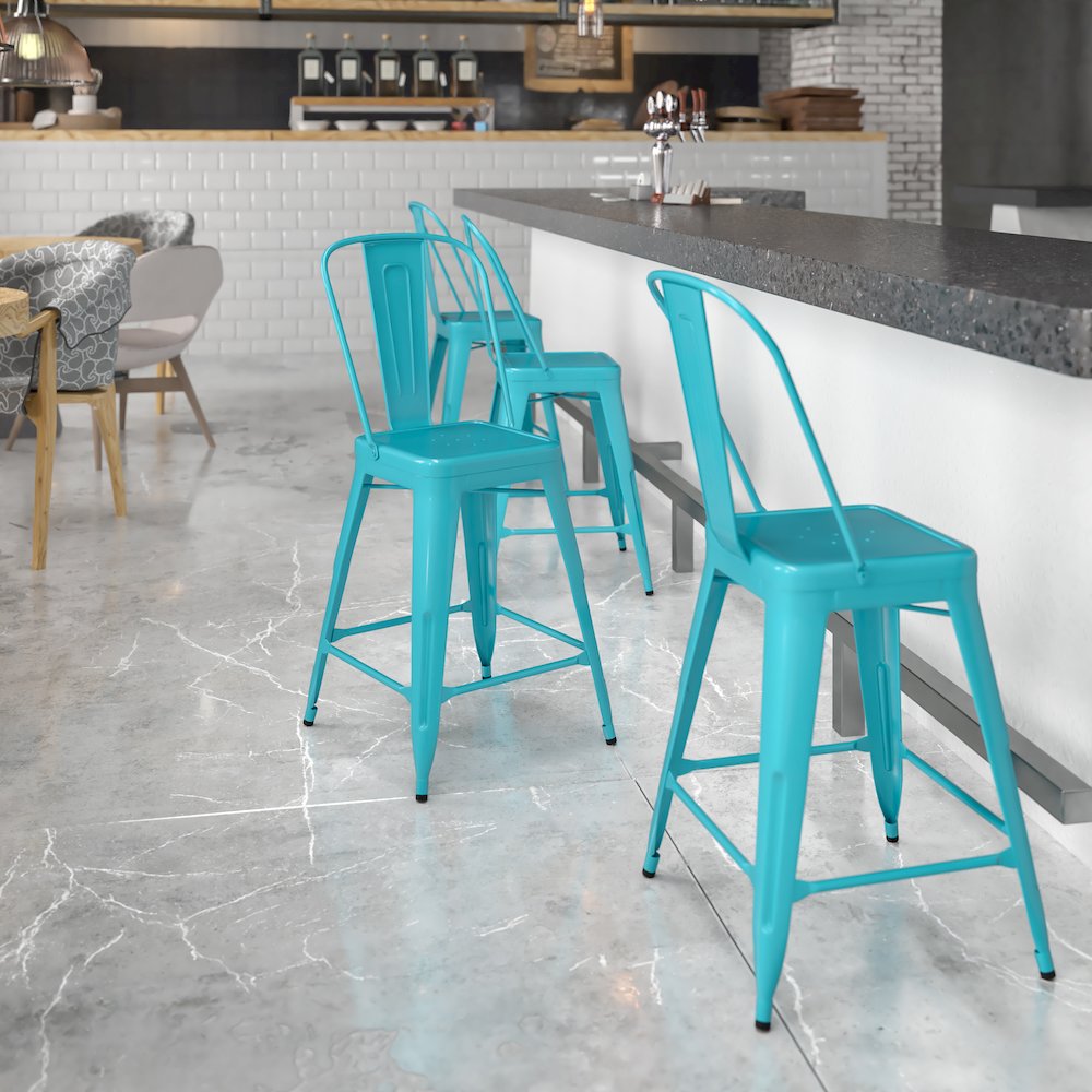 24" High Crystal Teal-Blue Metal Indoor-Outdoor Counter Height Stool with Back