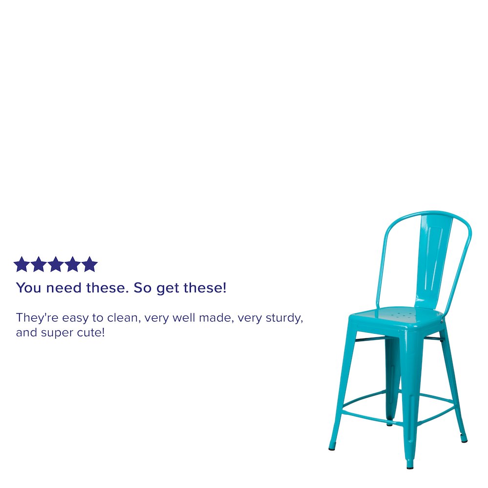 24" High Crystal Teal-Blue Metal Indoor-Outdoor Counter Height Stool with Back