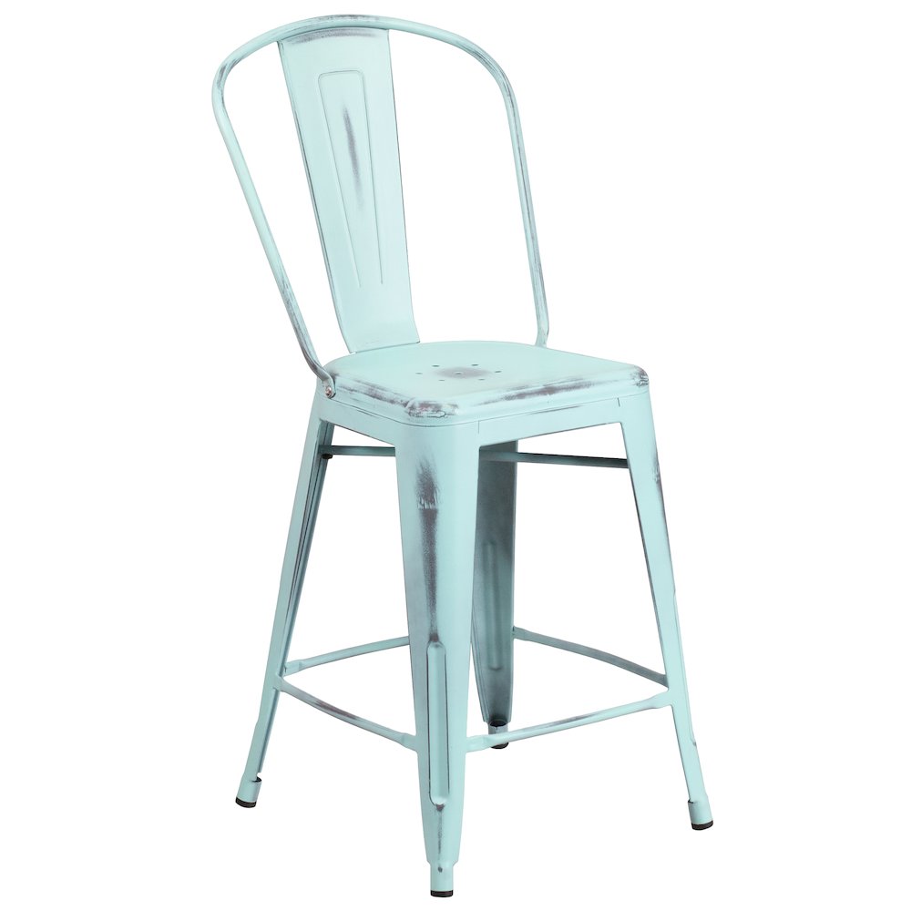 24" High Distressed Green-Blue Metal Indoor-Outdoor Counter Height Stool