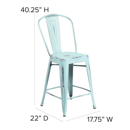 24" High Distressed Green-Blue Metal Indoor-Outdoor Counter Height Stool