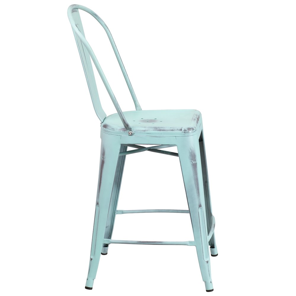 24" High Distressed Green-Blue Metal Indoor-Outdoor Counter Height Stool
