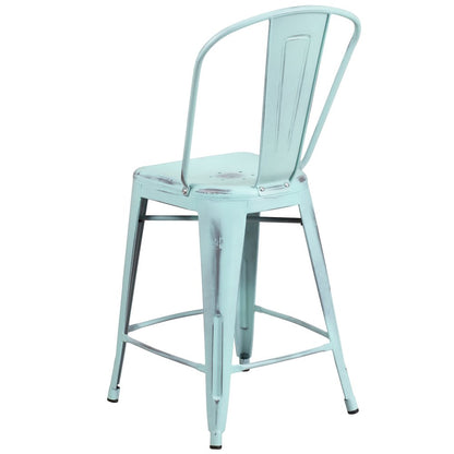 24" High Distressed Green-Blue Metal Indoor-Outdoor Counter Height Stool