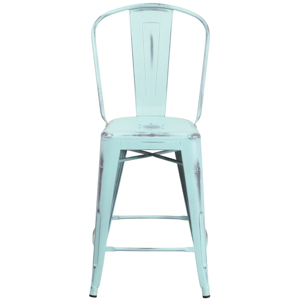 24" High Distressed Green-Blue Metal Indoor-Outdoor Counter Height Stool