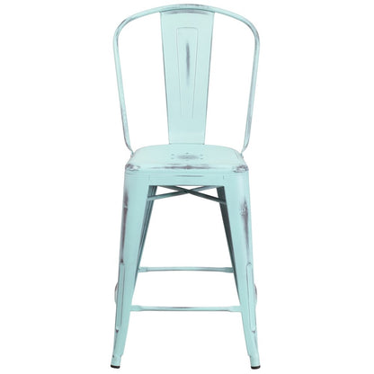 24" High Distressed Green-Blue Metal Indoor-Outdoor Counter Height Stool