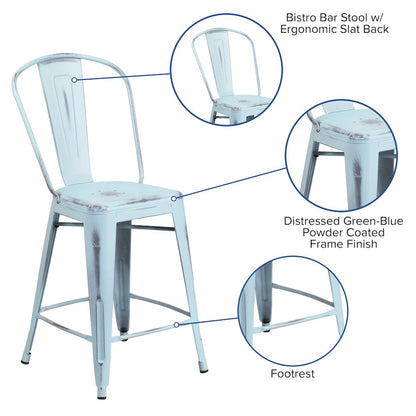 24" High Distressed Green-Blue Metal Indoor-Outdoor Counter Height Stool