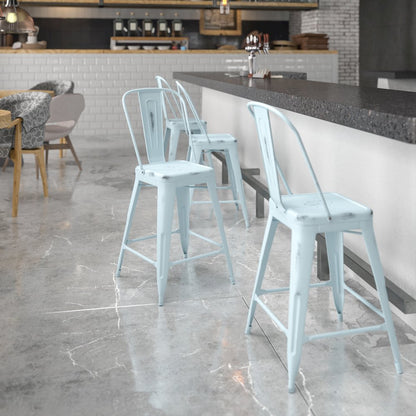 24" High Distressed Green-Blue Metal Indoor-Outdoor Counter Height Stool