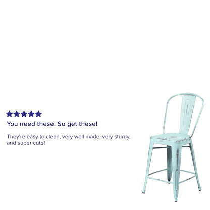 24" High Distressed Green-Blue Metal Indoor-Outdoor Counter Height Stool