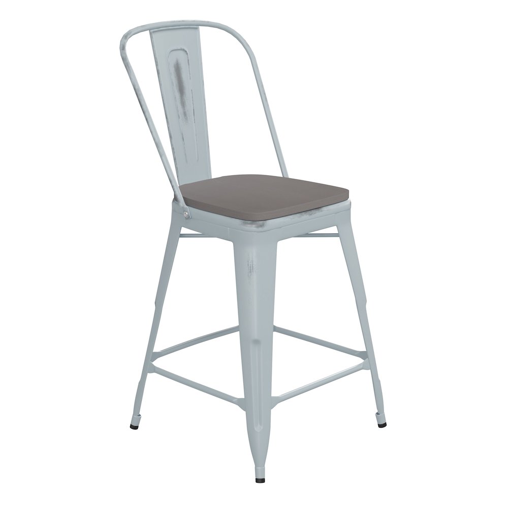 24" High Green-Blue Metal Counter Height Stool with Gray Poly Resin Wood Seat