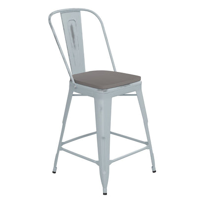 24" High Green-Blue Metal Counter Height Stool with Gray Poly Resin Wood Seat