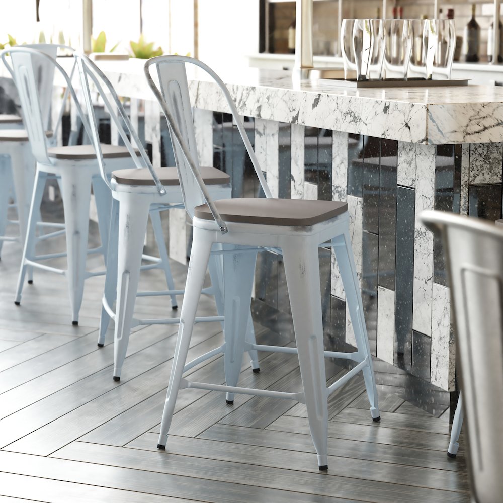 24" High Green-Blue Metal Counter Height Stool with Gray Poly Resin Wood Seat