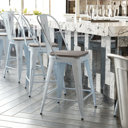 24" High Green-Blue Metal Counter Height Stool with Gray Poly Resin Wood Seat