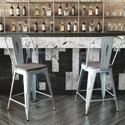 24" High Green-Blue Metal Counter Height Stool with Gray Poly Resin Wood Seat