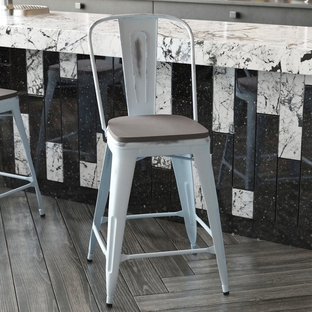 24" High Green-Blue Metal Counter Height Stool with Gray Poly Resin Wood Seat