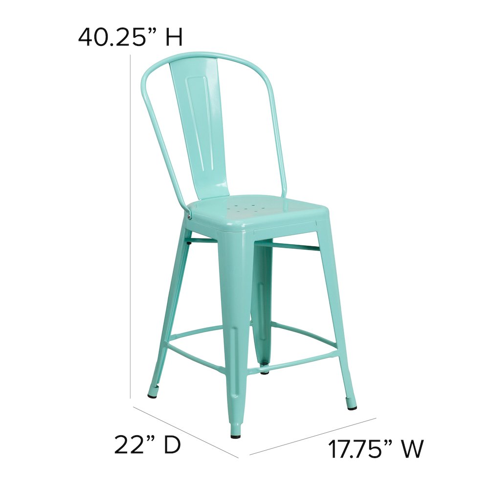 24" High Mint Green Metal Indoor-Outdoor Counter Height Stool with Back