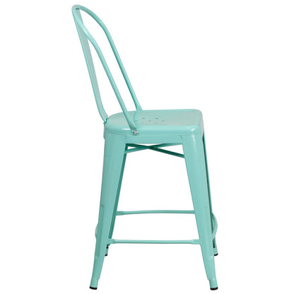 24" High Mint Green Metal Indoor-Outdoor Counter Height Stool with Back