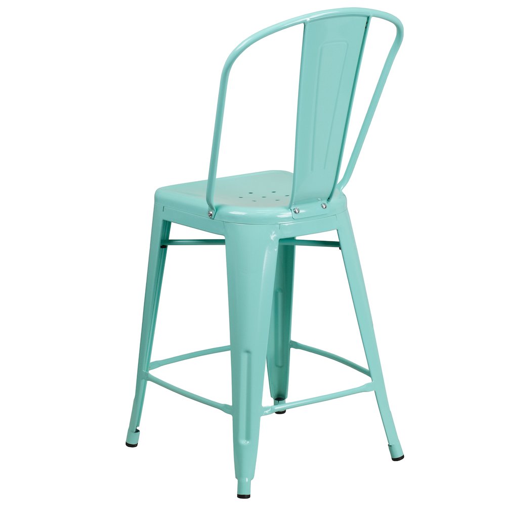 24" High Mint Green Metal Indoor-Outdoor Counter Height Stool with Back
