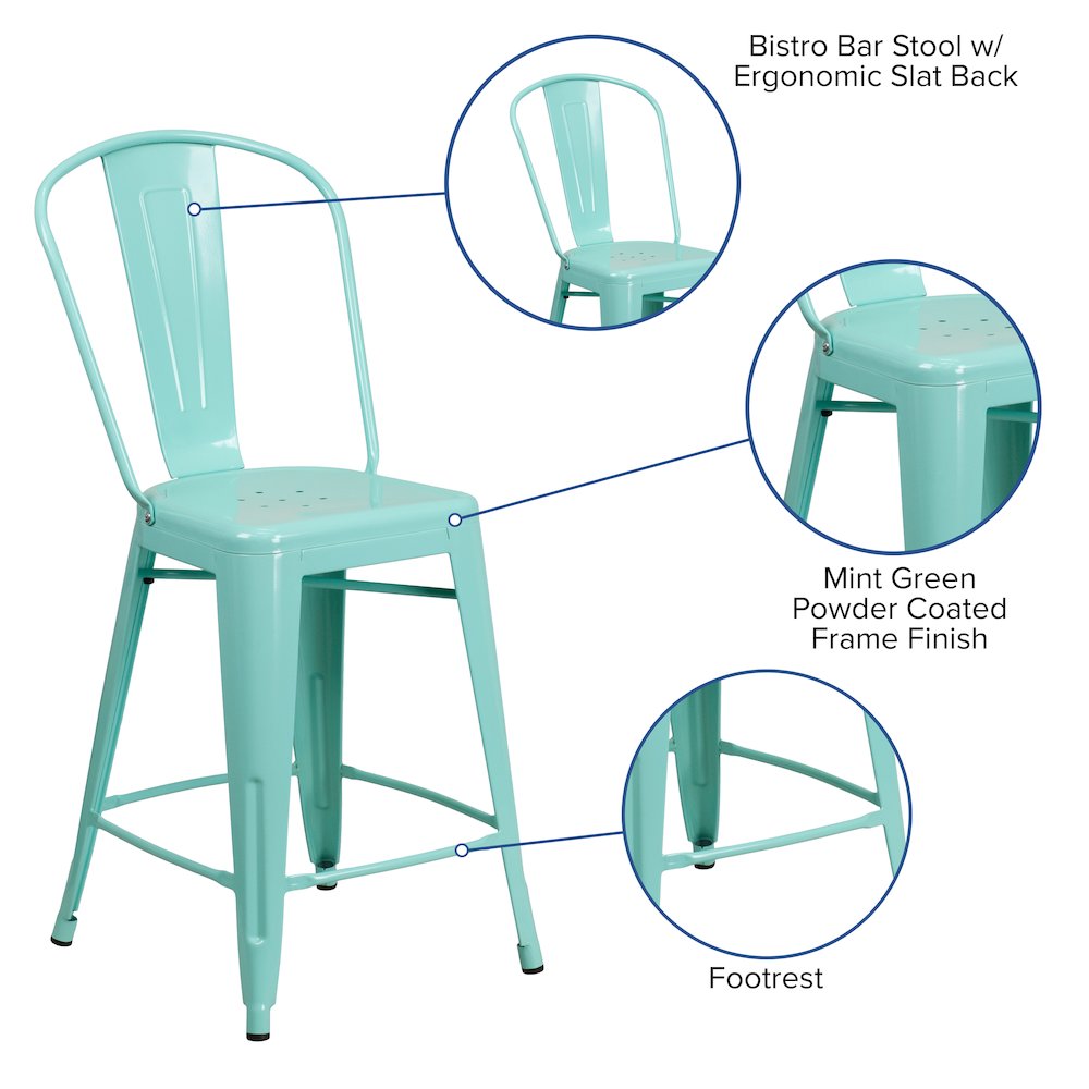 24" High Mint Green Metal Indoor-Outdoor Counter Height Stool with Back