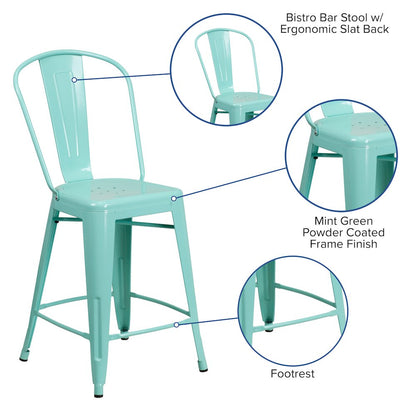 24" High Mint Green Metal Indoor-Outdoor Counter Height Stool with Back