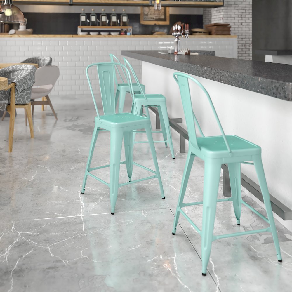 24" High Mint Green Metal Indoor-Outdoor Counter Height Stool with Back