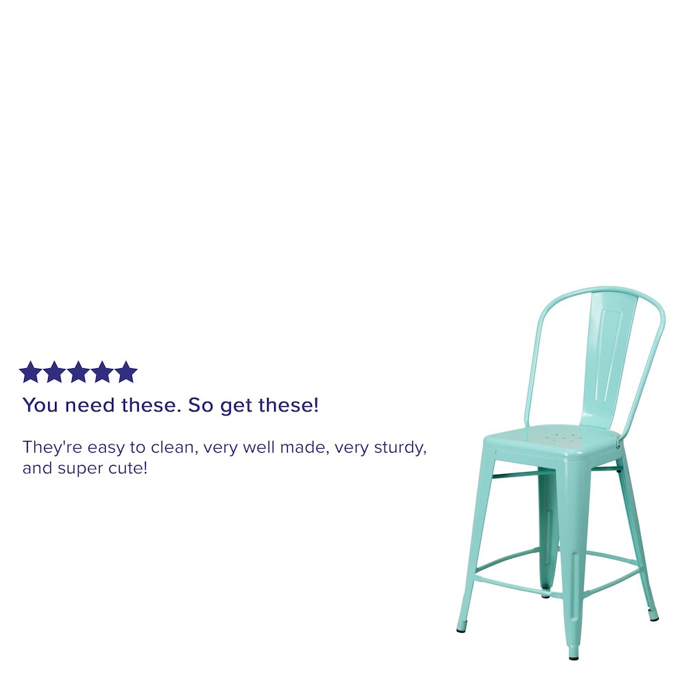 24" High Mint Green Metal Indoor-Outdoor Counter Height Stool with Back