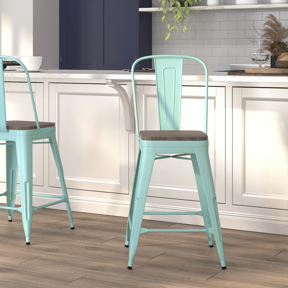 24" High Mint Green Metal Counter Height Stool with Back and Wood Seat