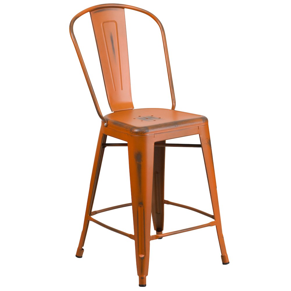 24" High Distressed Orange Metal Indoor-Outdoor Counter Height Stool with Back