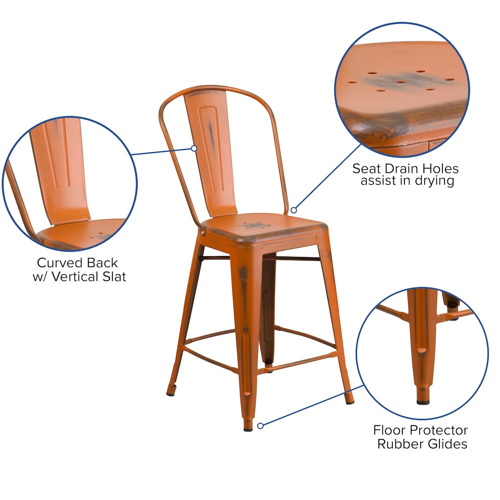 24" High Distressed Orange Metal Indoor-Outdoor Counter Height Stool with Back
