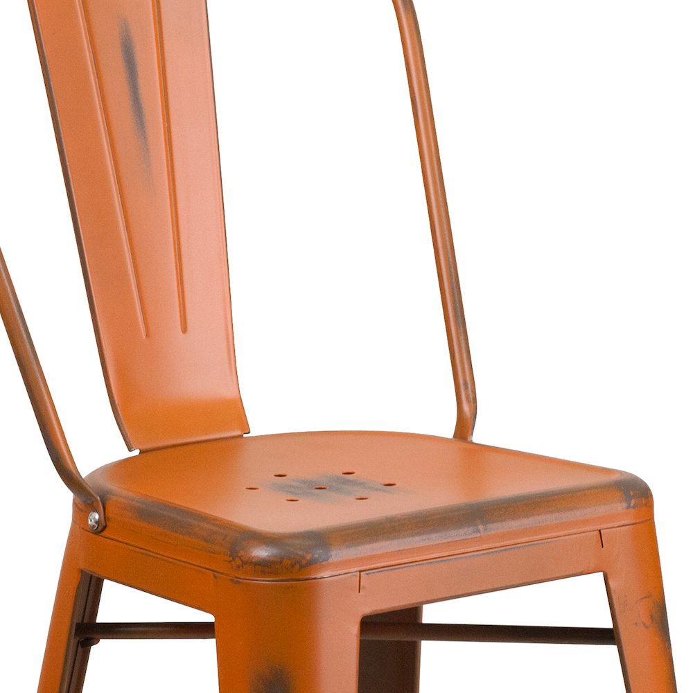 24" High Distressed Orange Metal Indoor-Outdoor Counter Height Stool with Back