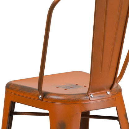24" High Distressed Orange Metal Indoor-Outdoor Counter Height Stool with Back