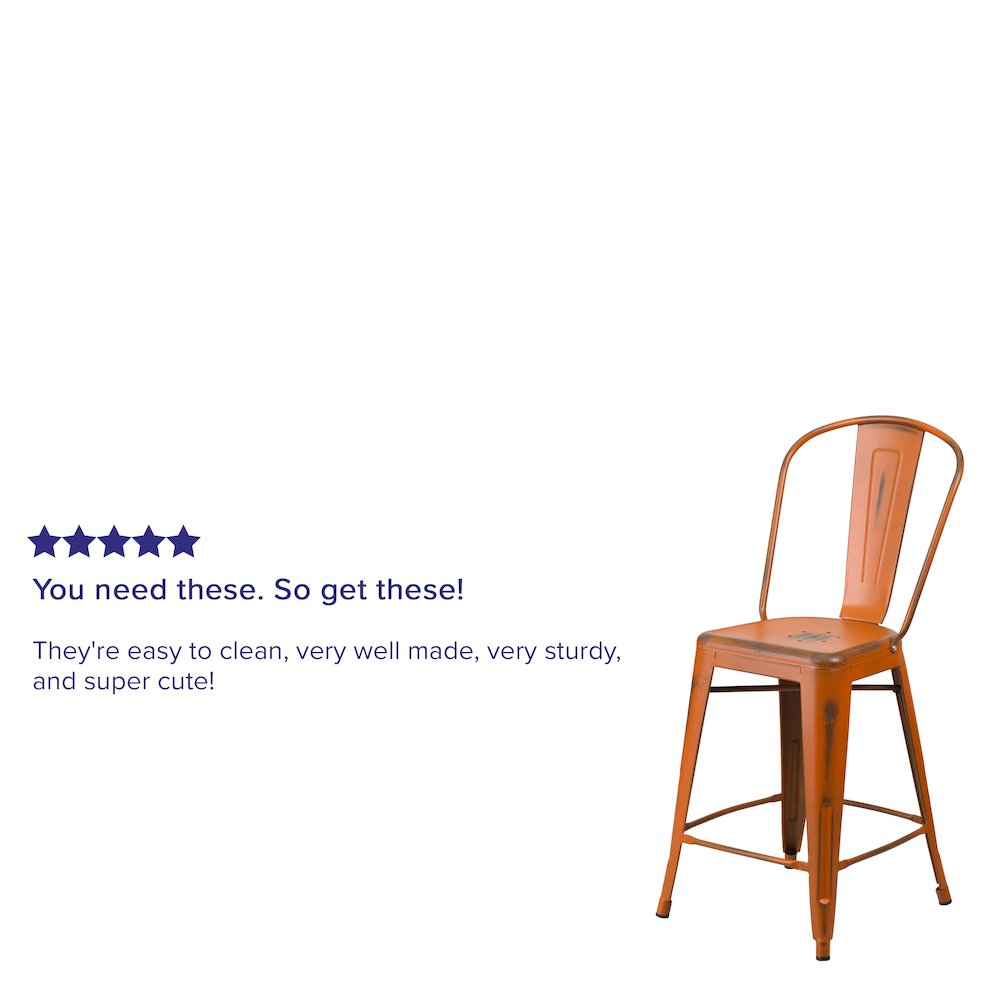24" High Distressed Orange Metal Indoor-Outdoor Counter Height Stool with Back