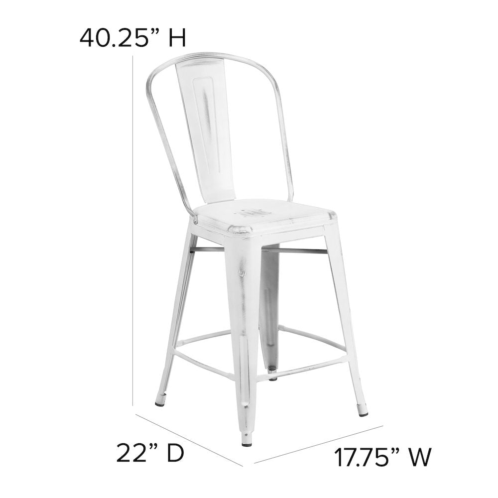 Commercial Grade 24" High Distressed White Metal Indoor-Outdoor Counter Height Stool with Back