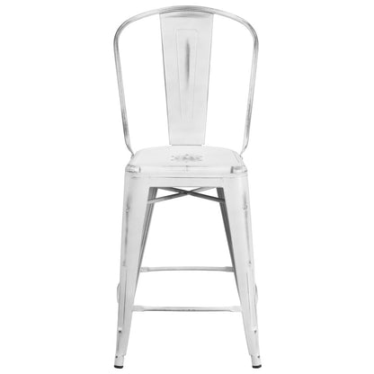 24" High Distressed White Metal Indoor-Outdoor Counter Height Stool with Back