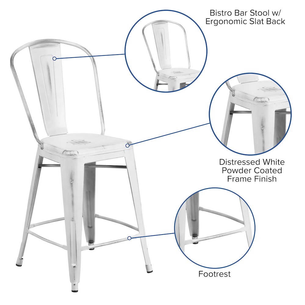 Commercial Grade 24" High Distressed White Metal Indoor-Outdoor Counter Height Stool with Back