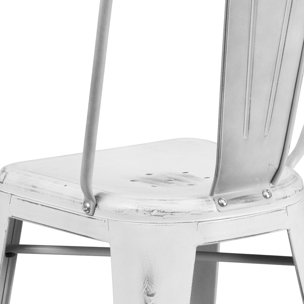 24" High Distressed White Metal Indoor-Outdoor Counter Height Stool with Back