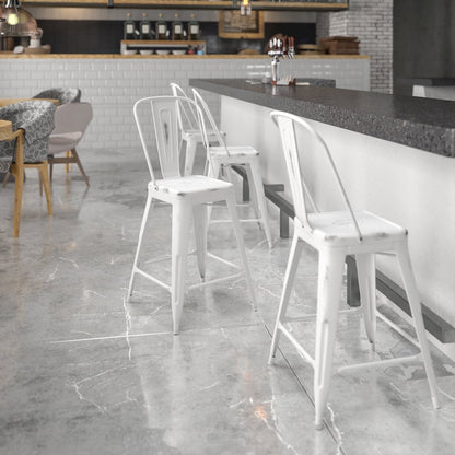 24" High Distressed White Metal Indoor-Outdoor Counter Height Stool with Back