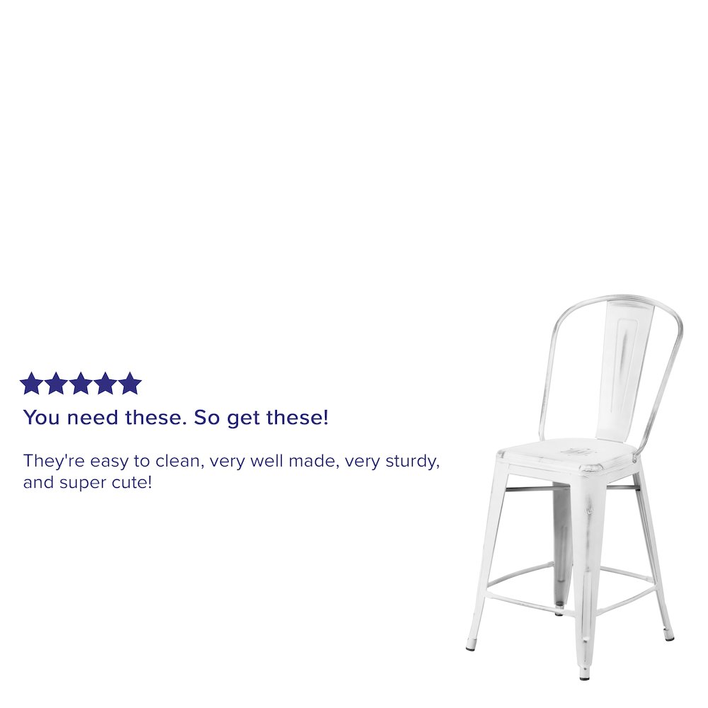 24" High Distressed White Metal Indoor-Outdoor Counter Height Stool with Back