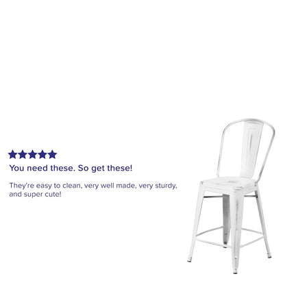 24" High Distressed White Metal Indoor-Outdoor Counter Height Stool with Back