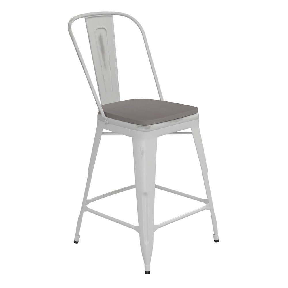 24" High White Metal Indoor-Counter Height Stool with Gray Poly Resin Wood Seat