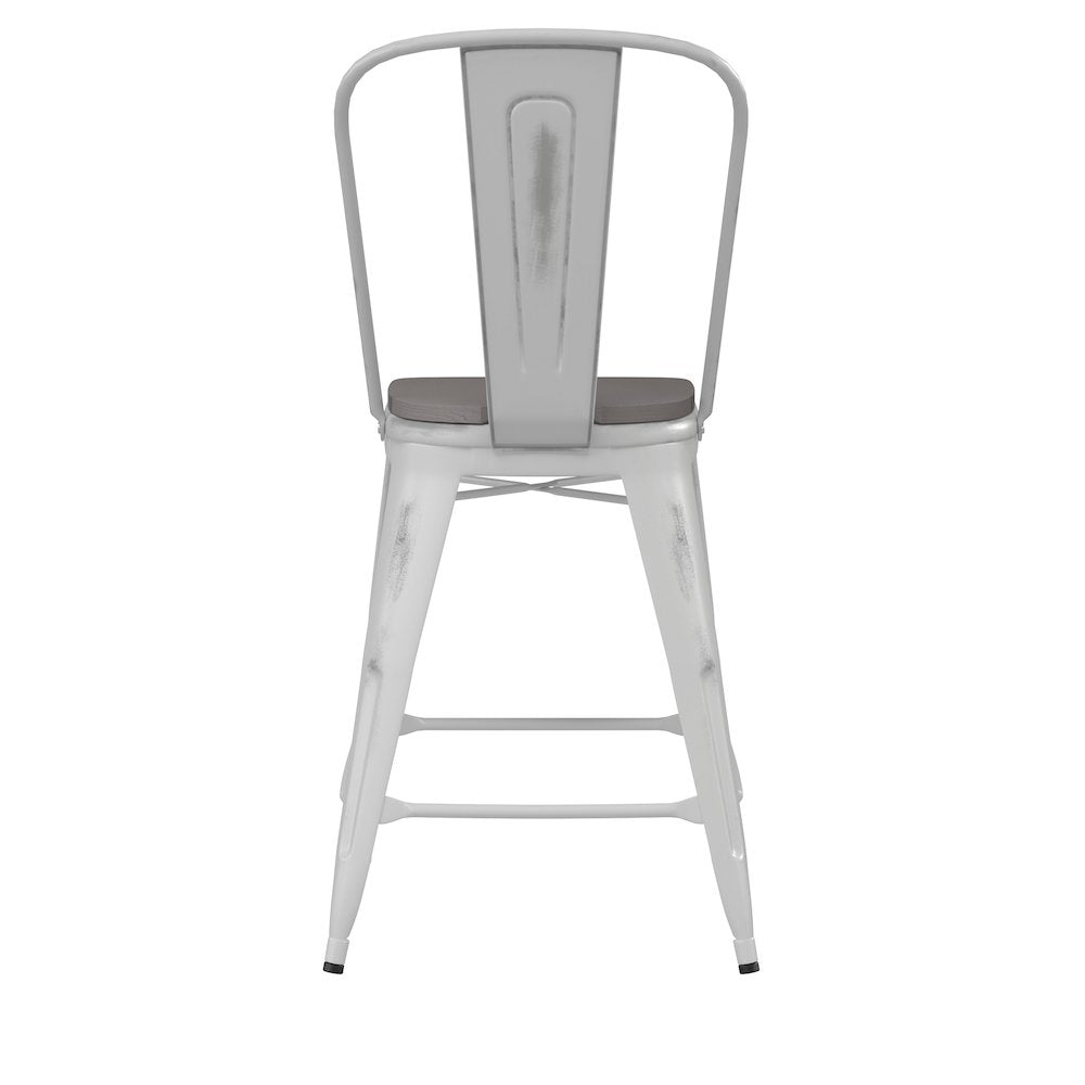 24" High White Metal Indoor-Counter Height Stool with Gray Poly Resin Wood Seat