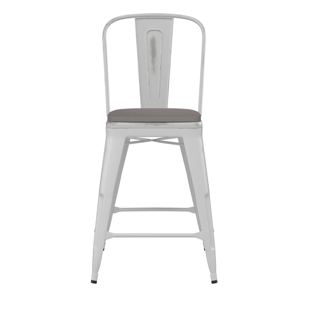 24" High White Metal Indoor-Counter Height Stool with Gray Poly Resin Wood Seat
